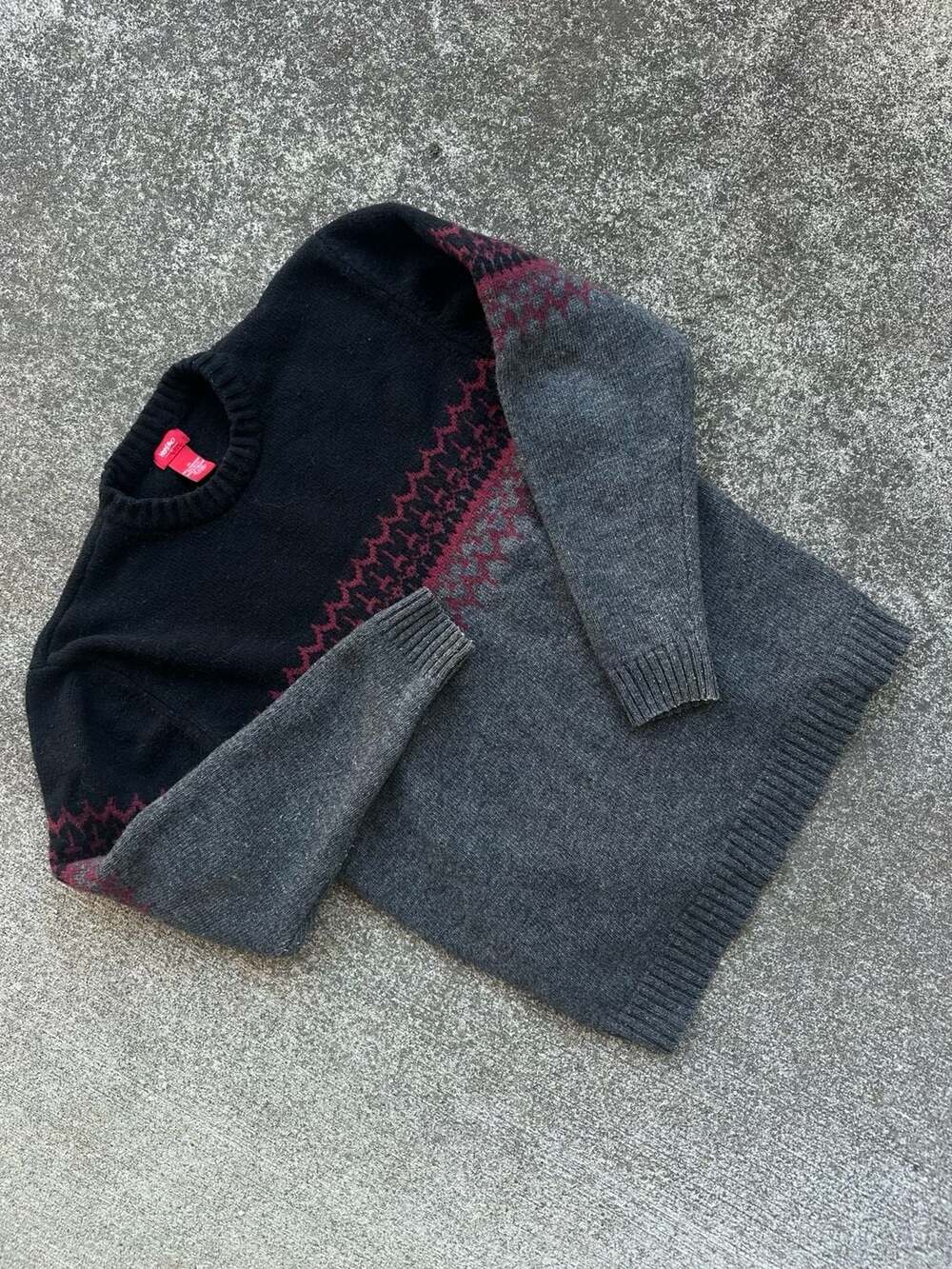 Mossimo Vintage Lambswool Blend Nordic Fair Isle Crew Neck Sweater Black Grey M